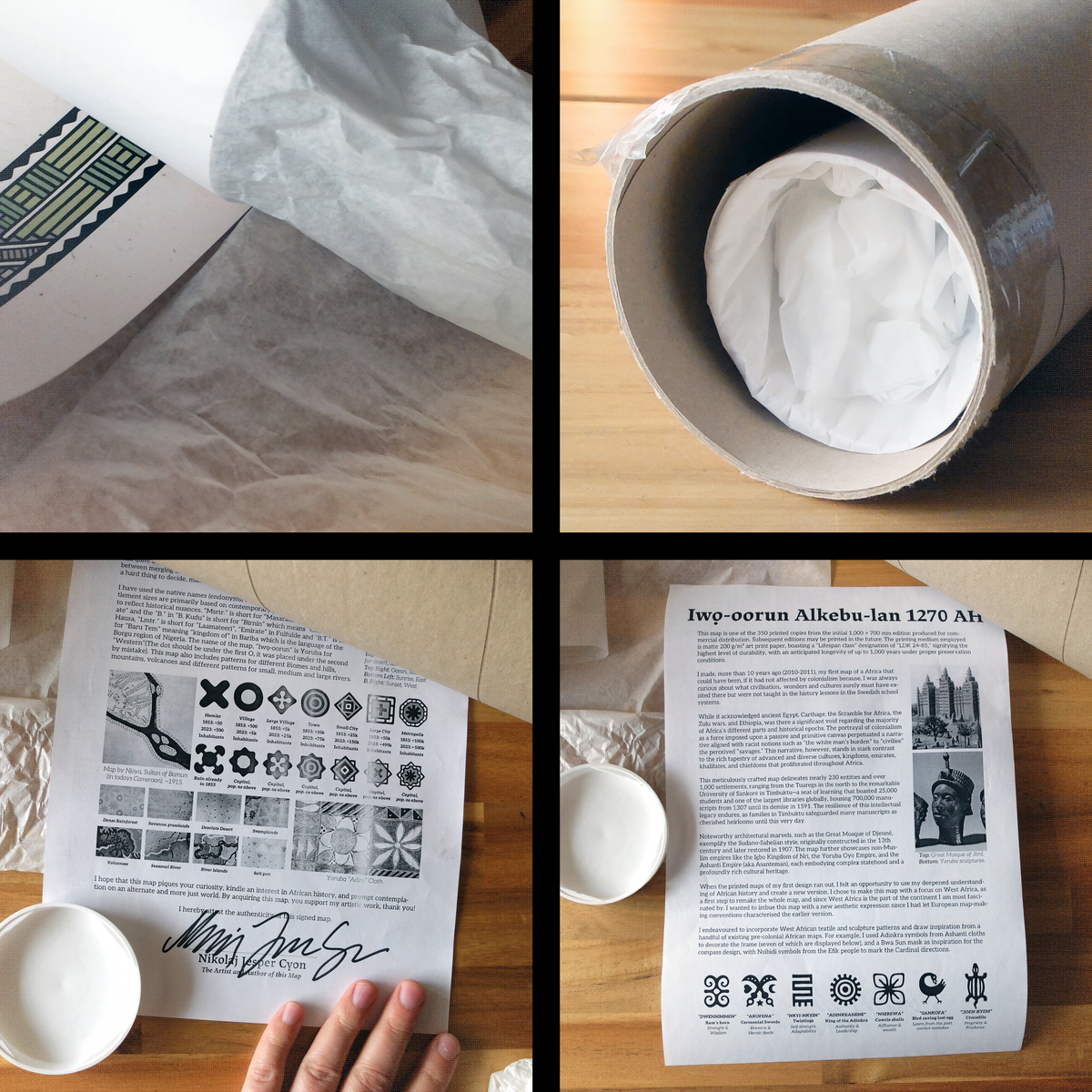Four-panel photograph showing the secure packaging and included documentation for the Alkebu-Lan map print. Features the heavy-duty shipping tube lined with protective tissue paper, alongside the signed certificate of authenticity by artist Nikolaj Jesper Cyon, map legend, historical background sheet, and Adinkra symbol key. Printed on fine art paper.