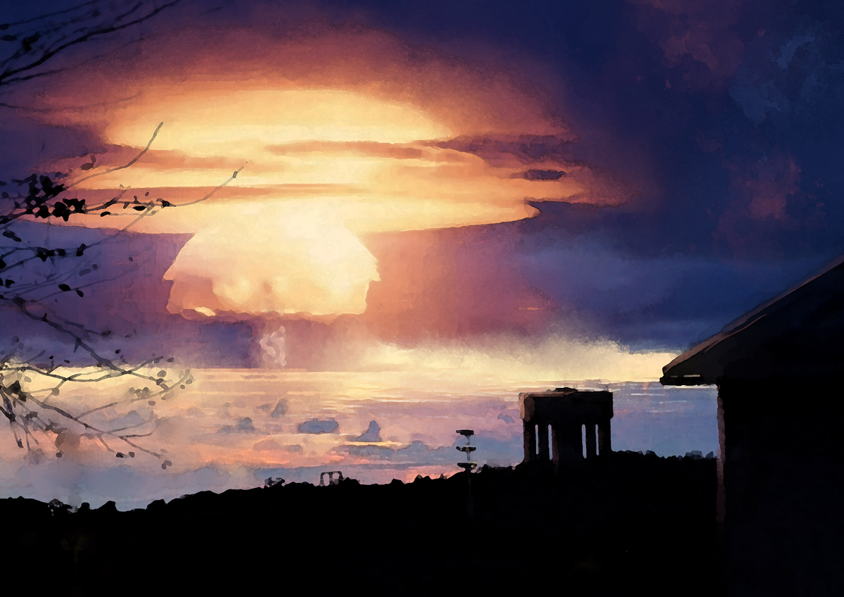 A fine art print on Hahnemühle Hemp paper depicting a nuclear mushroom cloud rising behind Sätra water tower at sunset, created by Nikolaj Jesper Cyon.