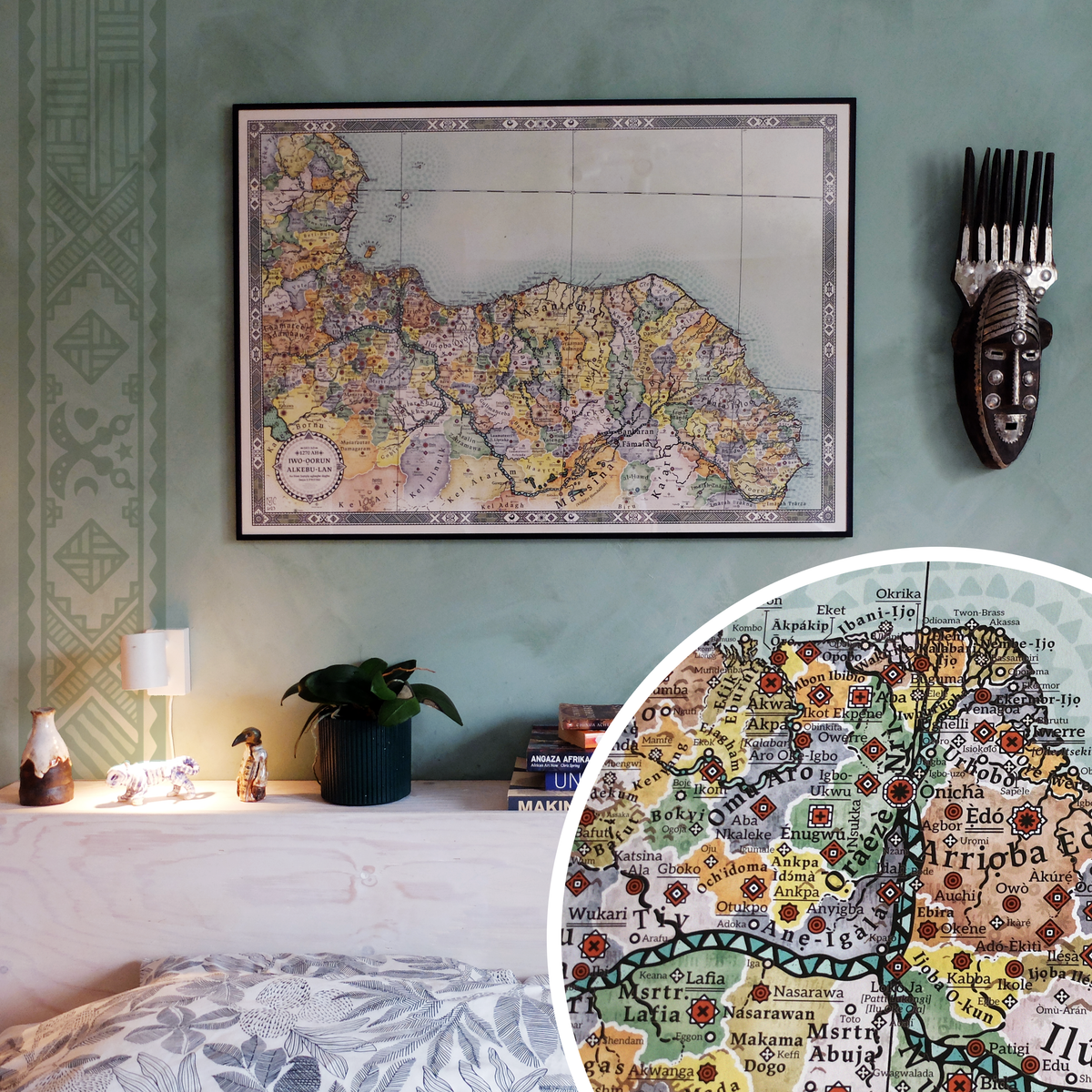 Framed historical Alkebu-Lan 1270 AH (1853 AD) map poster displayed on a sage green wall, featuring a circular magnifying detail of the Niger Delta, Igboland, Onịcha, Kingdom of Édó (Benin Empire), Urhobo, Ijaw (Ijo) territories, Tiv, and Lafia in West Africa by artist Nikolaj Jesper Cyon.
