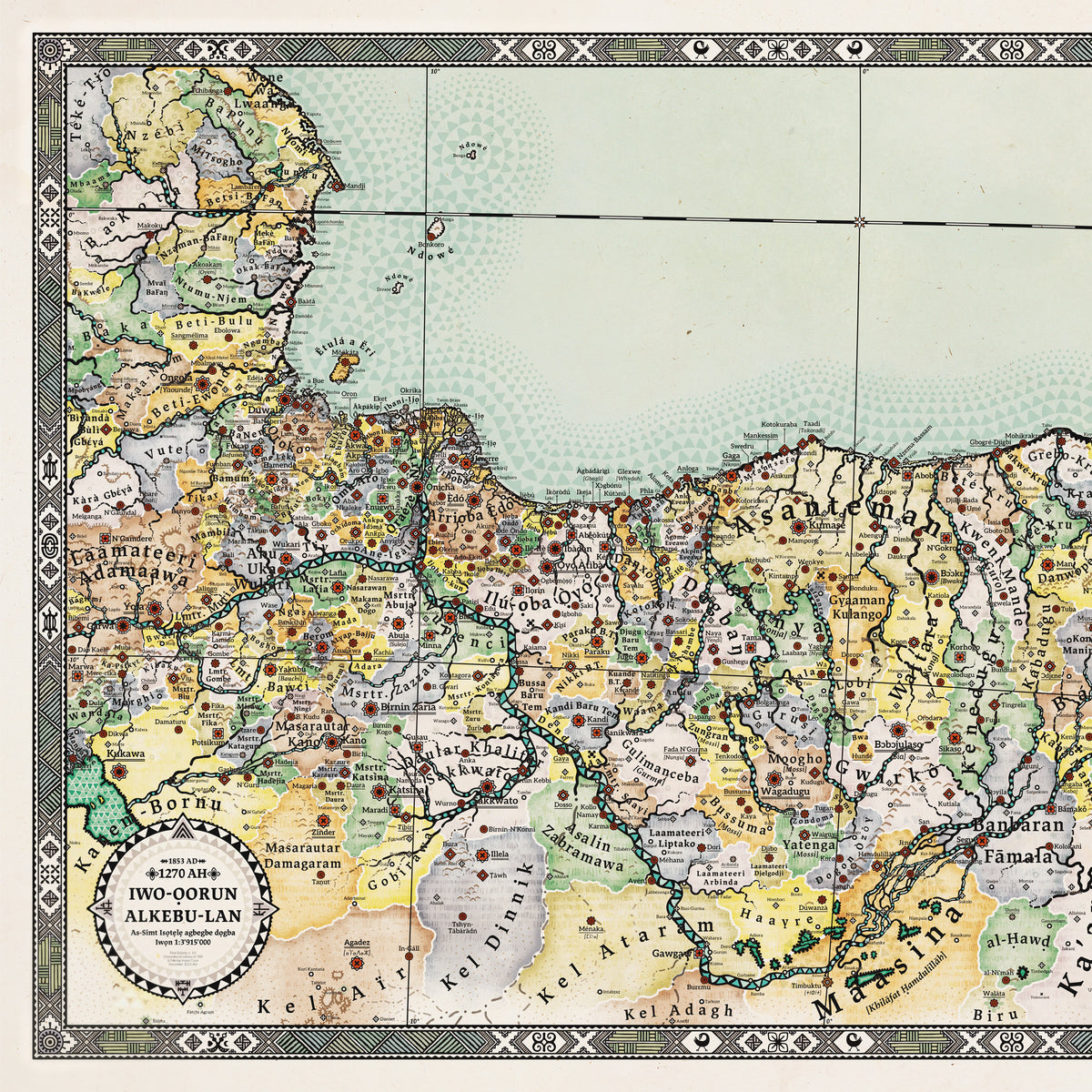 Large overview of western Alkebu-Lan map print (1270 AH). Spans West and Central Africa: Hausa-Fulani, Tuareg, Kanem-Bornu (Lake Chad), Yoruba, Igbo, Fang, and Beti realms. Highlights Gulf of Guinea coasts, Kongo-influenced Wene wa Lwangu and Téké-Tio, and Niger River trade. Features alternate-history Gulf islands settled by seafaring Ndowe (Benga) people with towns named after rulers like King Bonkoro. Printed on fine textured paper by Nikolaj Jesper Cyon.