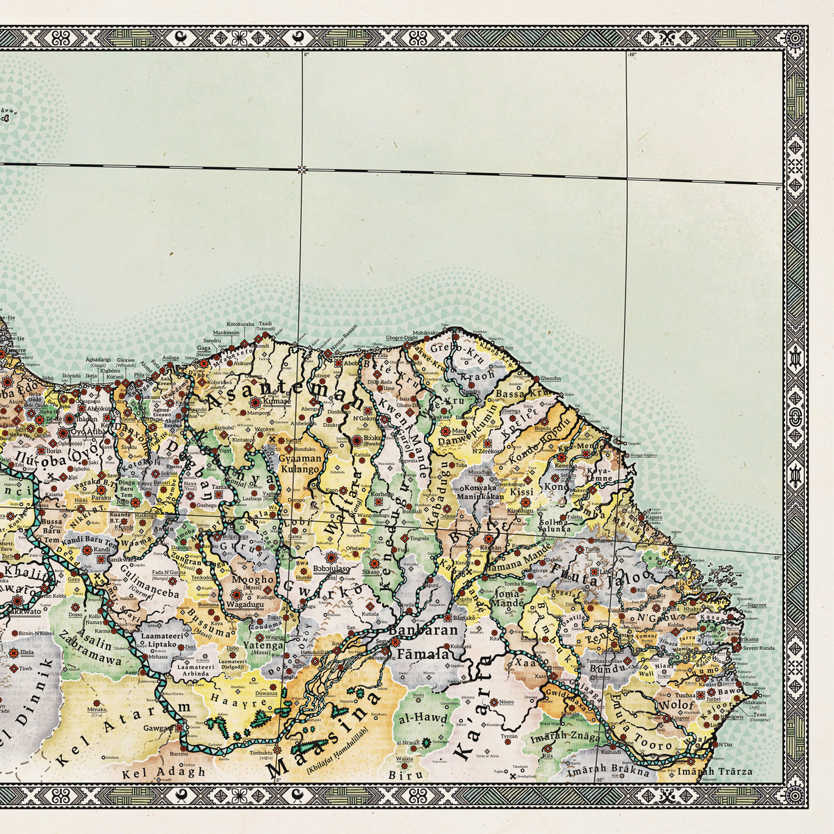 Large overview of western Alkebu-Lan map print (1270 AH). Spans Senegambia, Wolof, Fuuta Tooro, Trarza, Brakna, Kaarta, and Kru coasts to Asanteman. Features the Mande heartland—home of Sundiata Keita (Mali Empire founder)—alongside successor realms of Ghana, Mali, and Songhai. Highlights trade routes across the Niger River, Maasina, and Tuareg territories. Printed on fine textured paper by Nikolaj Jesper Cyon.