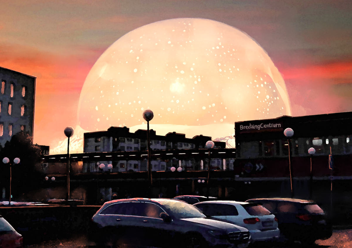 A fine art print on Hahnemühle Hemp paper depicting a nuclear mushroom cloud rising behind Sätra water tower at sunset, created by Nikolaj Jesper Cyon.