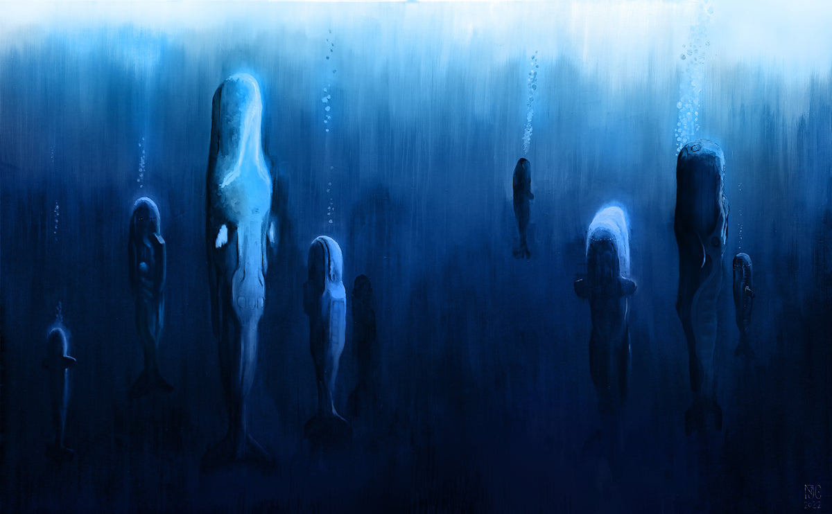 Original oil painting titled Preussisk blå – Fear is the mind killer depicting sleeping sperm whales and vertical nuclear submarines in deep ocean blue waters, painted by Nikolaj Jesper Cyon.
